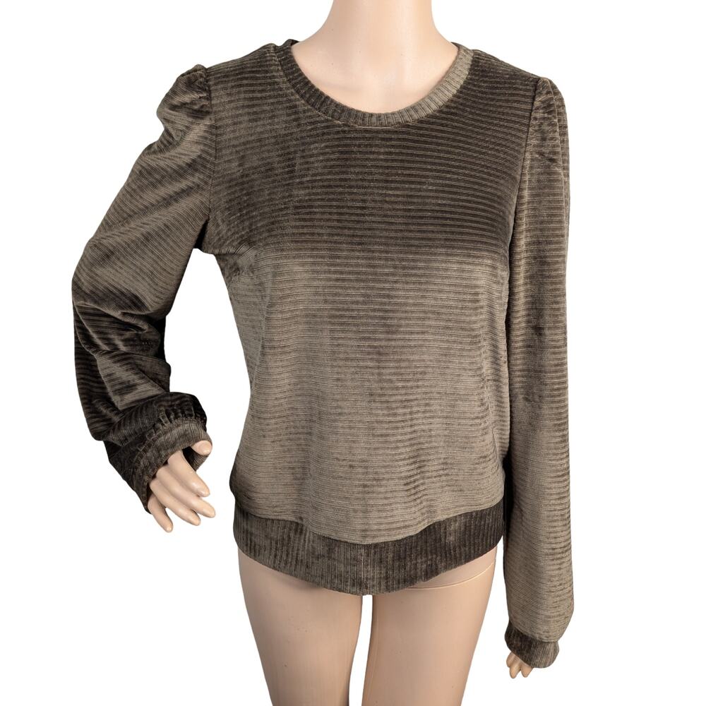 Heartloom Allie Ribbed Velvet Puff Sleeve Pullover Top Olive Green Size S - Picture 1 of 9